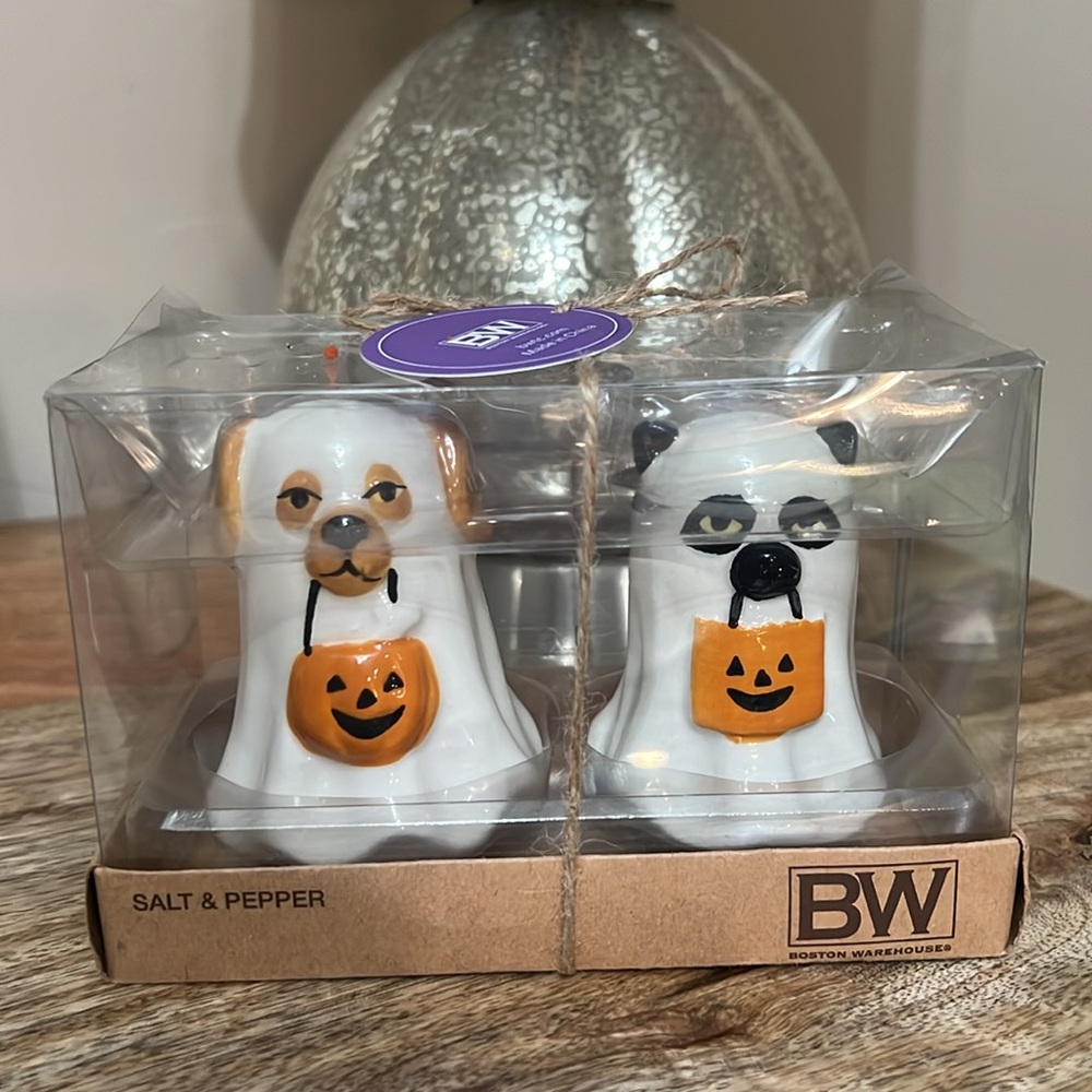 Halloween Ghost Cat & Dog Trick or Treat Ceramic Salt & Pepper Shakers NWT